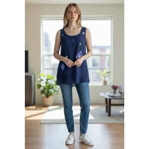 Walter Navy Blue Beaded Blouse Silk Sleeveless Tank Top Shirt size 4